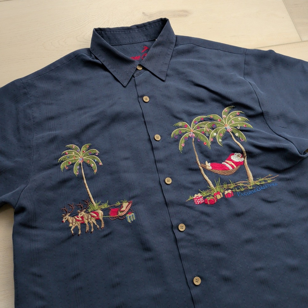 Bamboo Cay Camp Shirt Mens XL Navy Blue Christmas Santa Palm Tree Embroidered